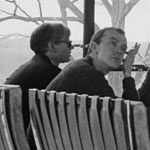 Andy, David Whitney, Philip Johnson, Dr. John Dalton and architect Robert Stein at The Glass House, New Canaan, CT, winter 1964-65